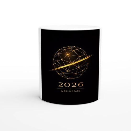 Black 2026 World Stage ceramic mug with gold geometric football design