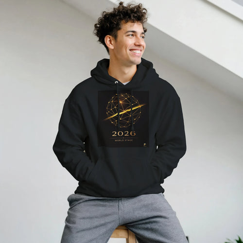 Black 2026 World Stage hoodie with gold geometric football design