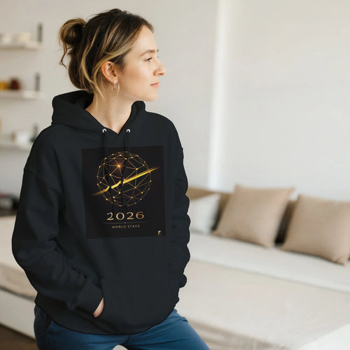 Black 2026 World Stage hoodie with gold geometric football design