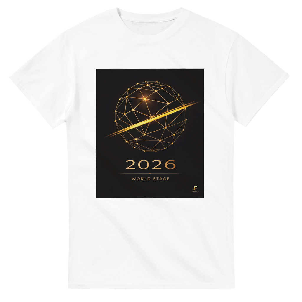 White 2026 World Stage t-shirt with gold geometric football design