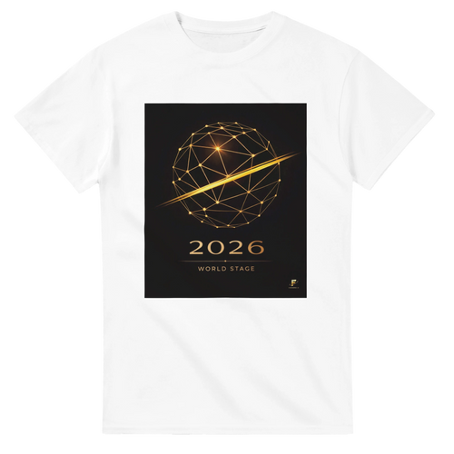 White 2026 World Stage t-shirt with gold geometric football design