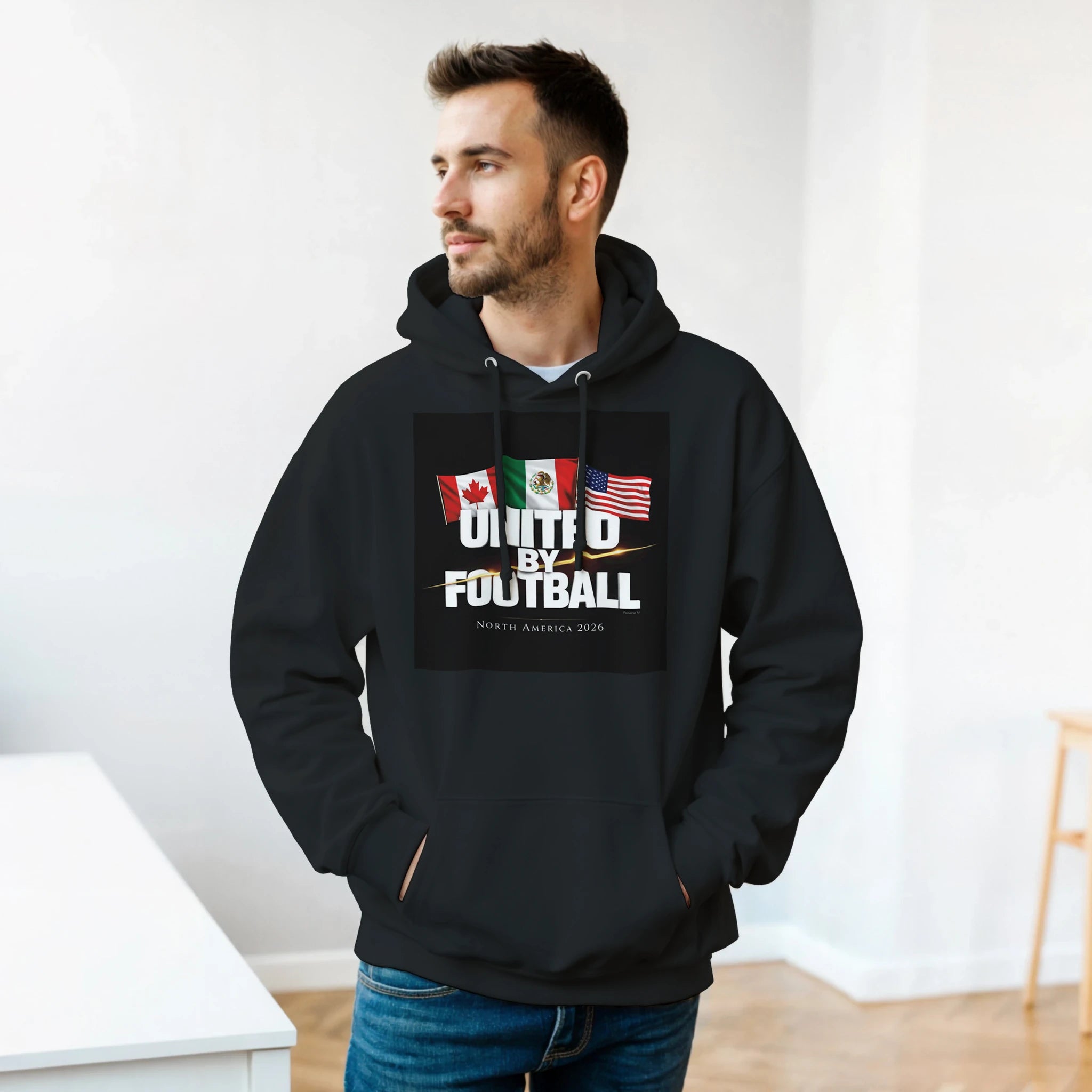 Black United by Football 2026 hoodie featuring Canada, Mexico and USA flags – North America football fan apparel