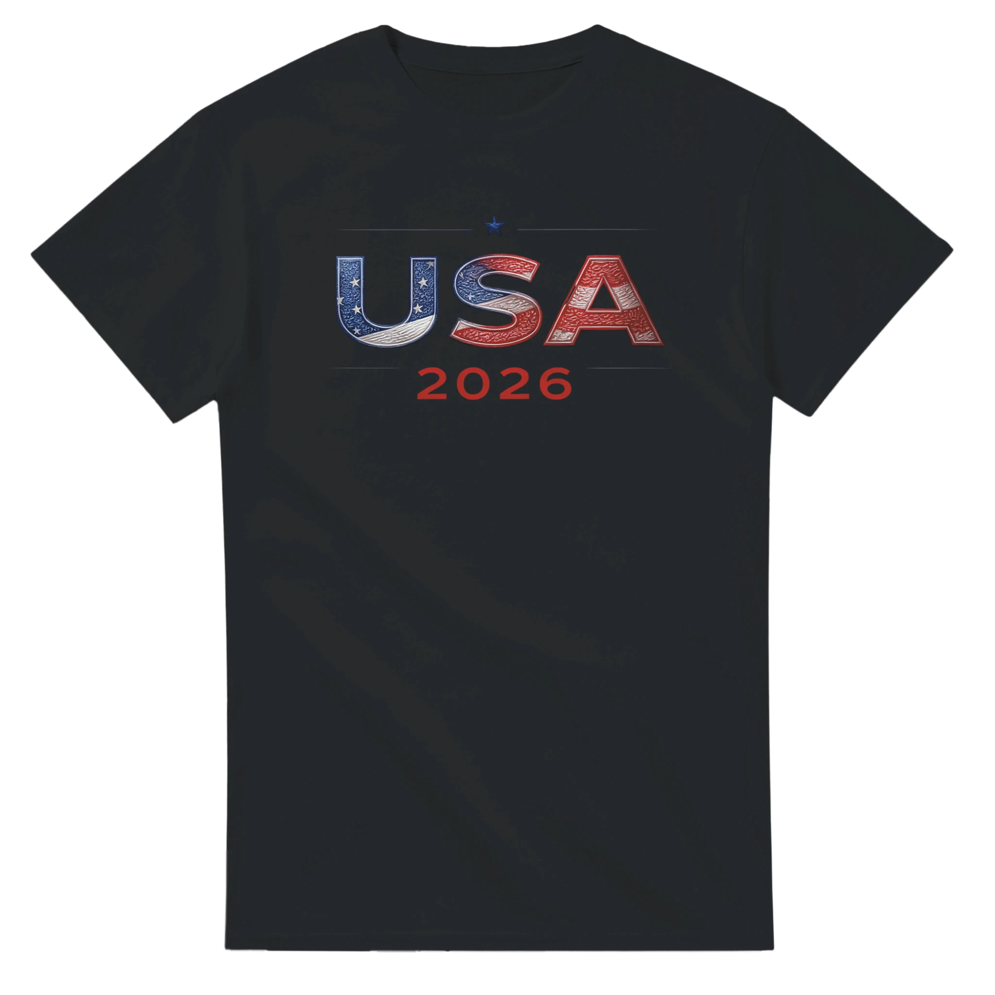 Black USA 2026 patriotic t-shirt with American flag design