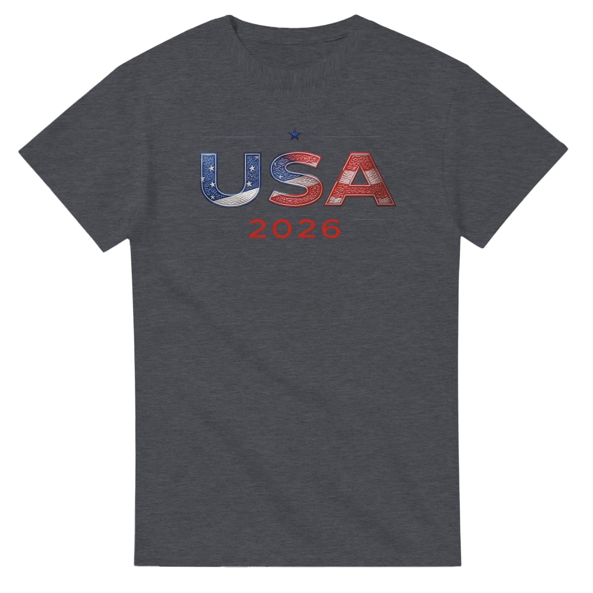 Gray USA 2026 patriotic t-shirt with American flag design