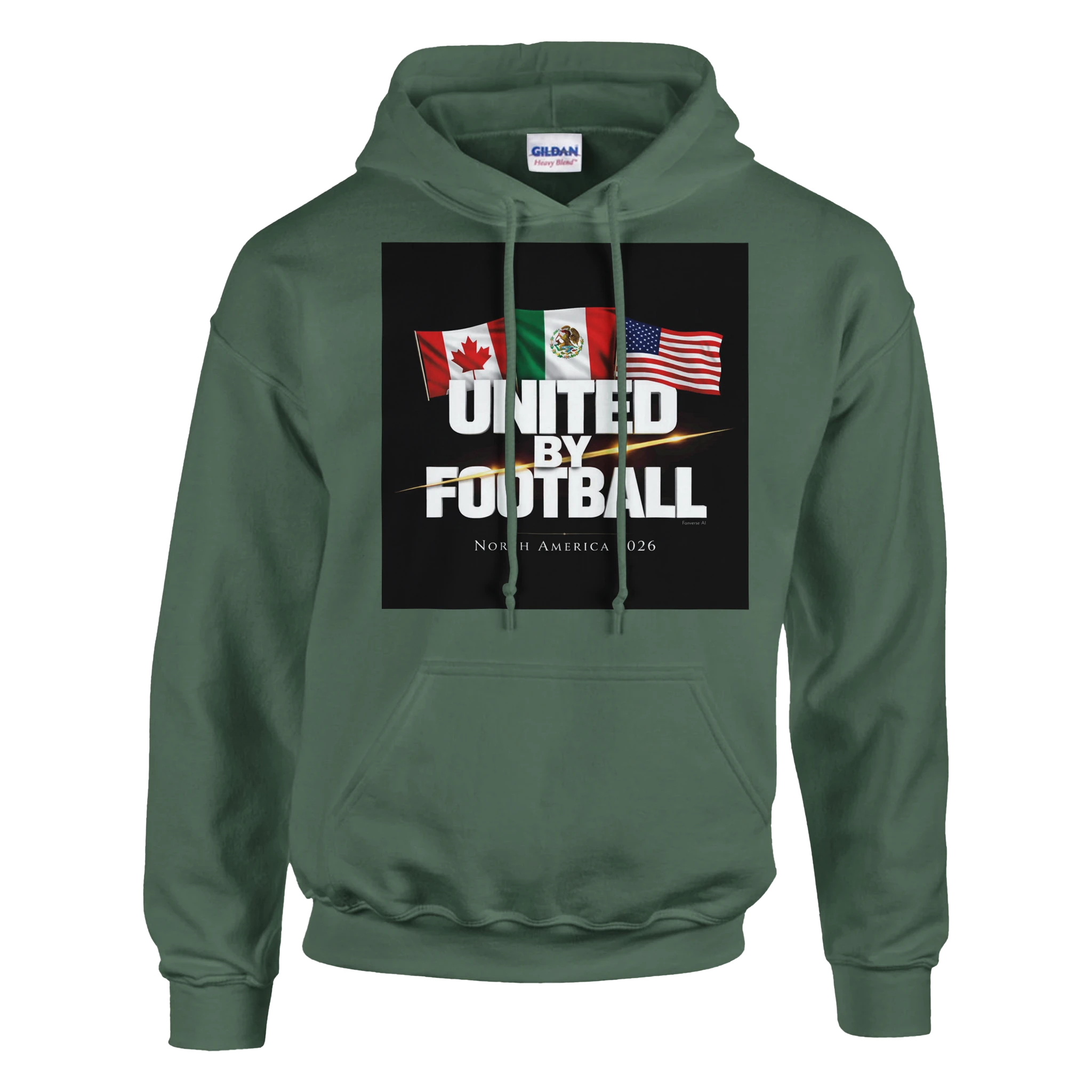 Military Green United by Football 2026 hoodie with bold front graphic and North America fan design