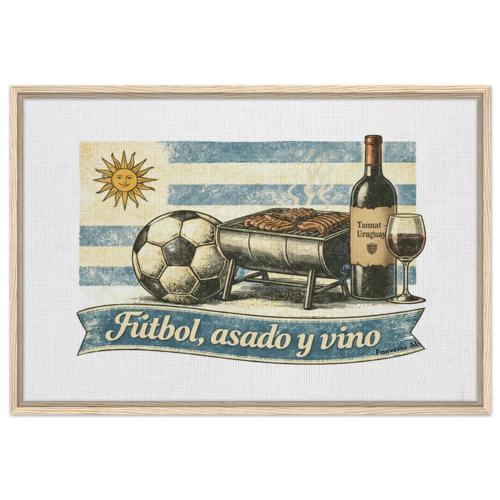 Natural wood frame Uruguay football wall art “Fútbol, Asado y Vino” heritage canvas
Close-up vintage Uruguay football asado wine illustration canvas
Framed Uruguay cultural football artwork on wall interior setting