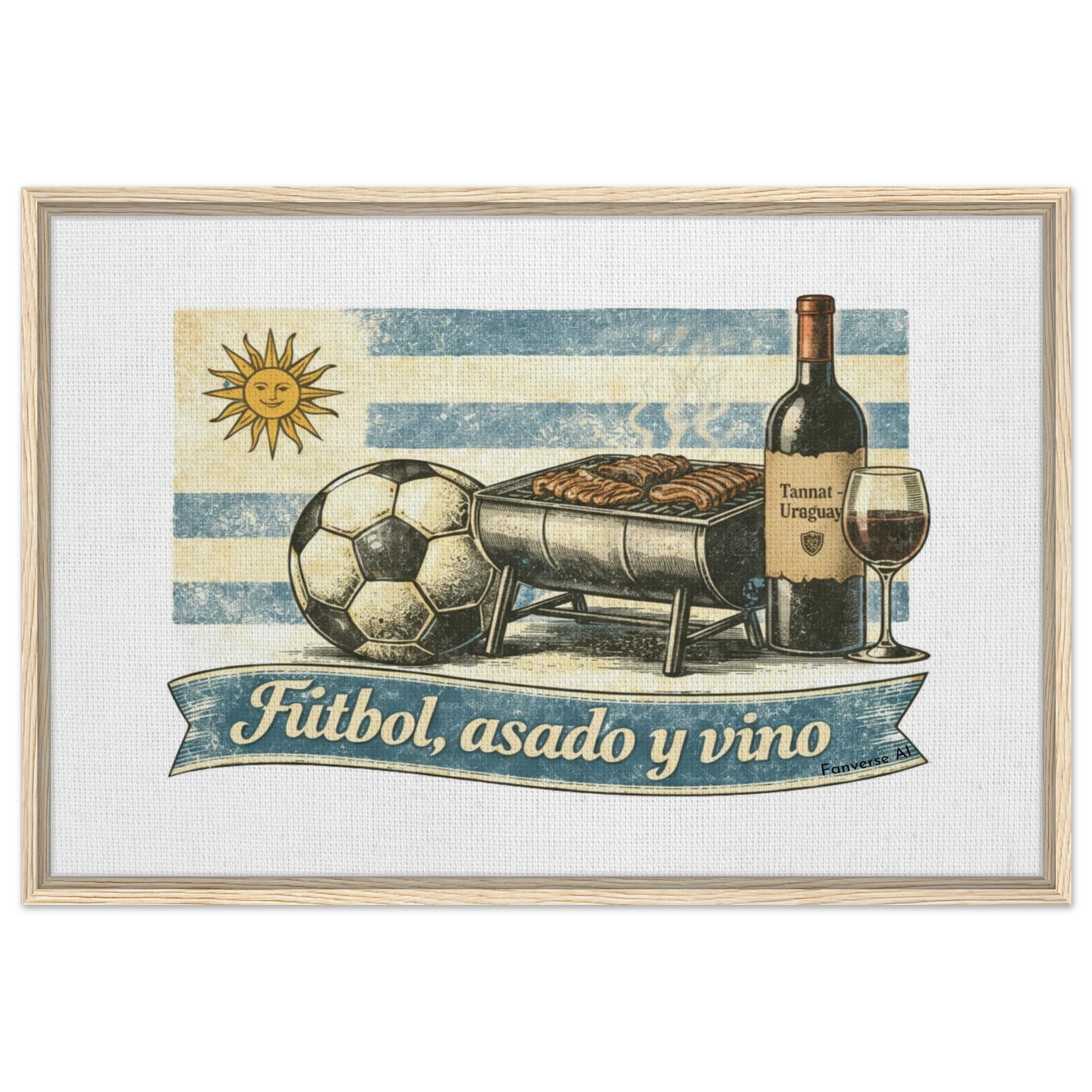 Natural wood frame Uruguay football wall art “Fútbol, Asado y Vino” heritage canvas
Close-up vintage Uruguay football asado wine illustration canvas
Framed Uruguay cultural football artwork on wall interior setting
