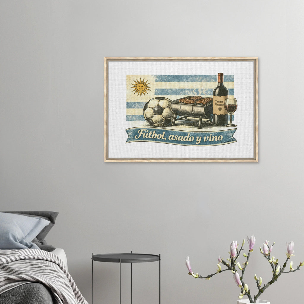 Natural wood frame Uruguay football wall art “Fútbol, Asado y Vino” heritage canvas
Close-up vintage Uruguay football asado wine illustration canvas
Framed Uruguay cultural football artwork on wall interior setting