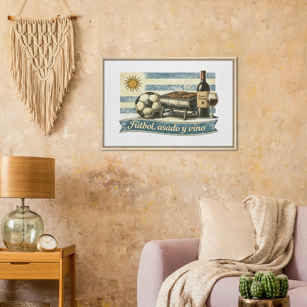 Natural wood frame Uruguay football wall art “Fútbol, Asado y Vino” heritage canvas
Close-up vintage Uruguay football asado wine illustration canvas
Framed Uruguay cultural football artwork on wall interior setting