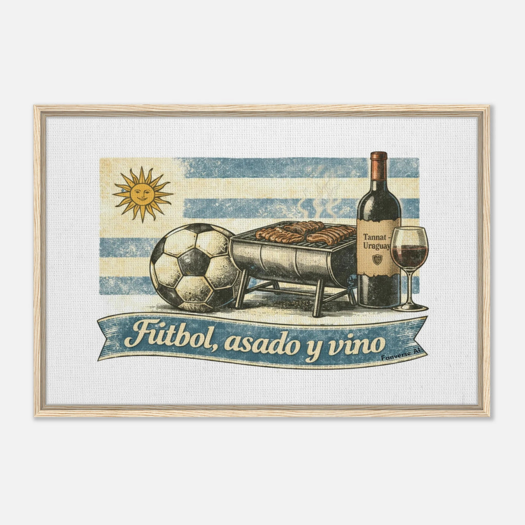 Natural wood frame Uruguay football wall art “Fútbol, Asado y Vino” heritage canvas
Close-up vintage Uruguay football asado wine illustration canvas
Framed Uruguay cultural football artwork on wall interior setting