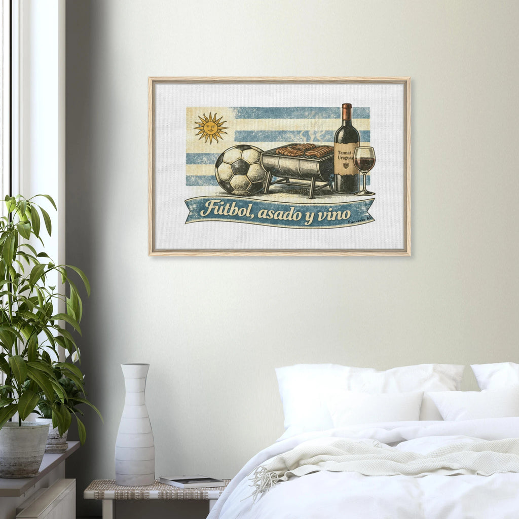 Natural wood frame Uruguay football wall art “Fútbol, Asado y Vino” heritage canvas
Close-up vintage Uruguay football asado wine illustration canvas
Framed Uruguay cultural football artwork on wall interior setting