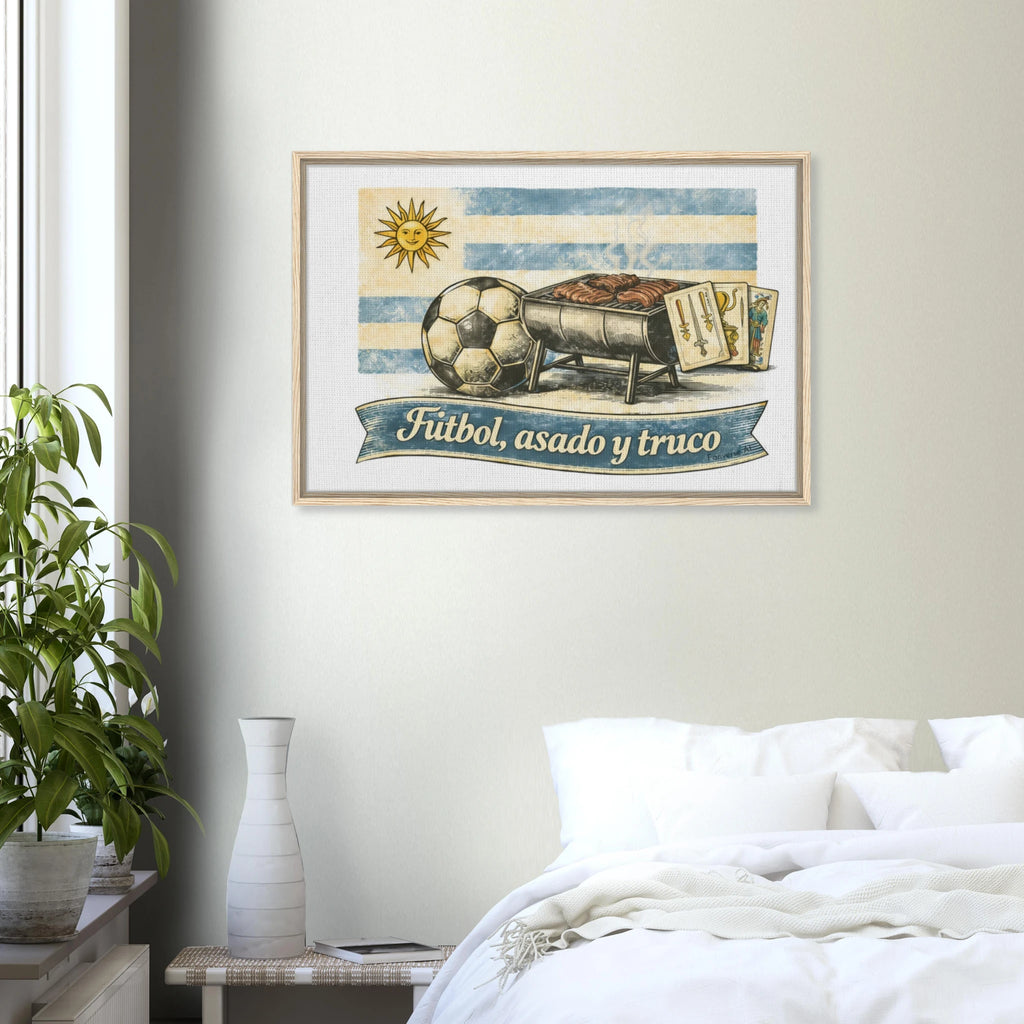 Natural wood framed Uruguay football wall art “Fútbol, Asado & Truco” heritage canvas
