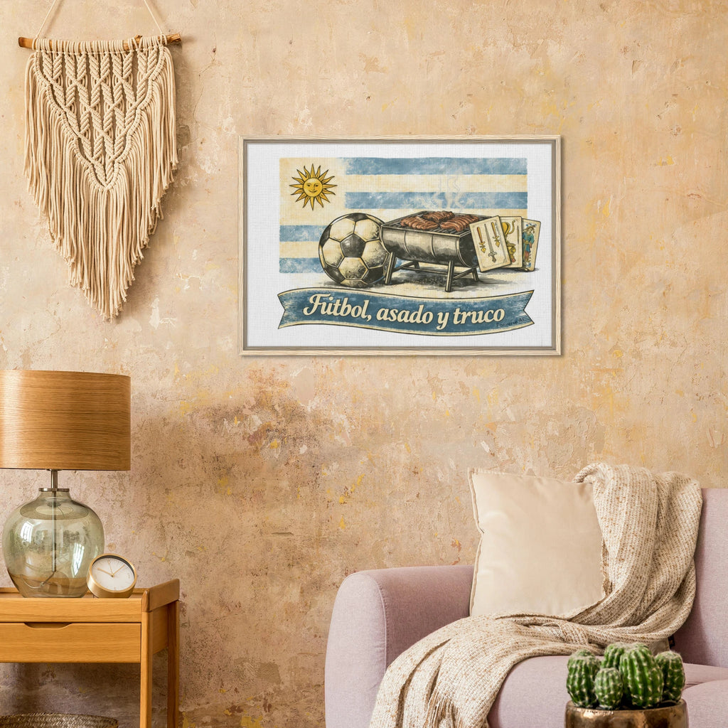 Natural wood framed Uruguay football wall art “Fútbol, Asado & Truco” heritage canvas