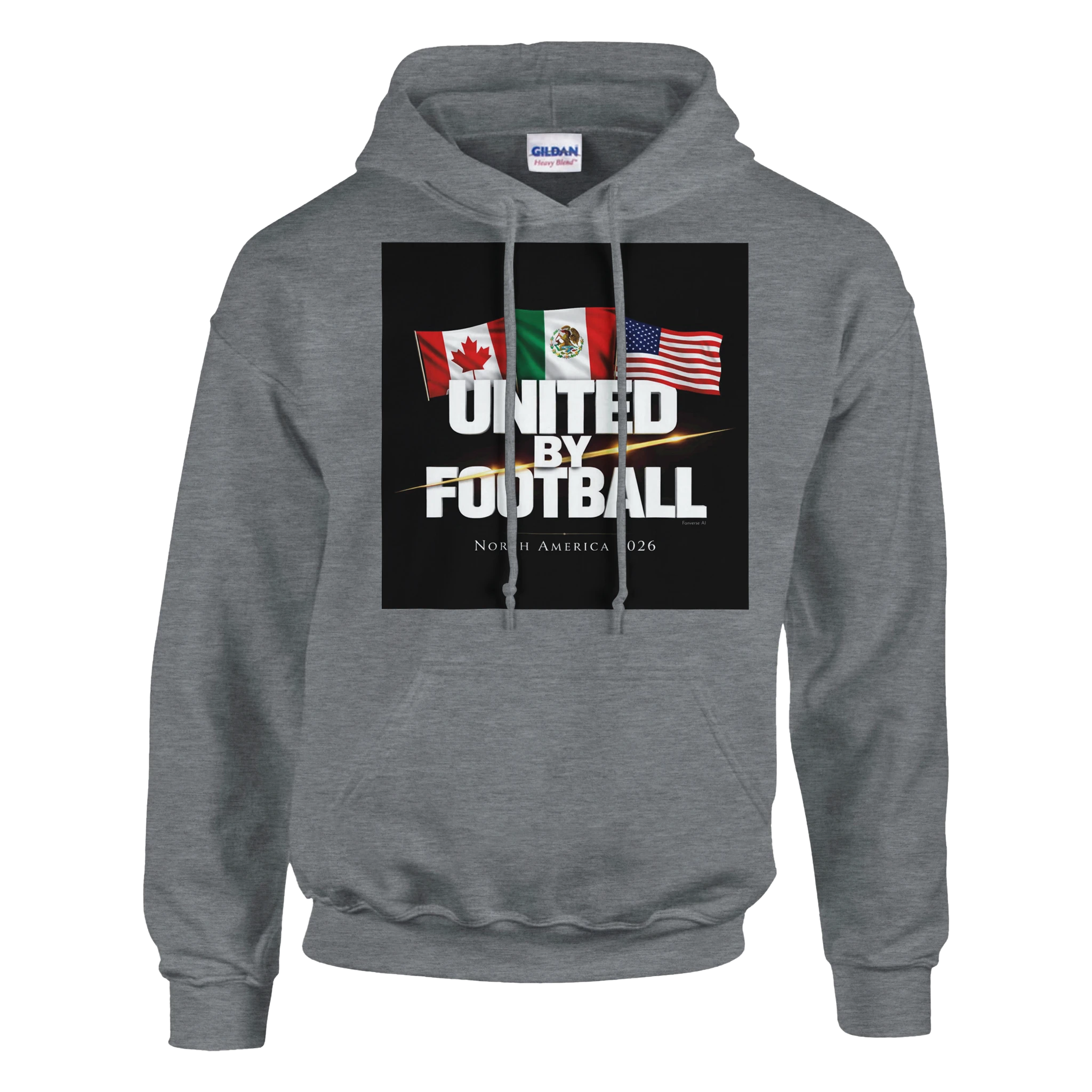 Sport Grey United by Football 2026 hoodie featuring Canada, Mexico and USA flags – North America football fan apparel