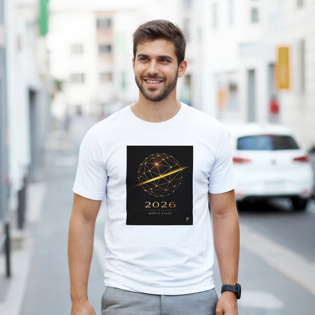 White 2026 World Stage t-shirt with gold geometric football design