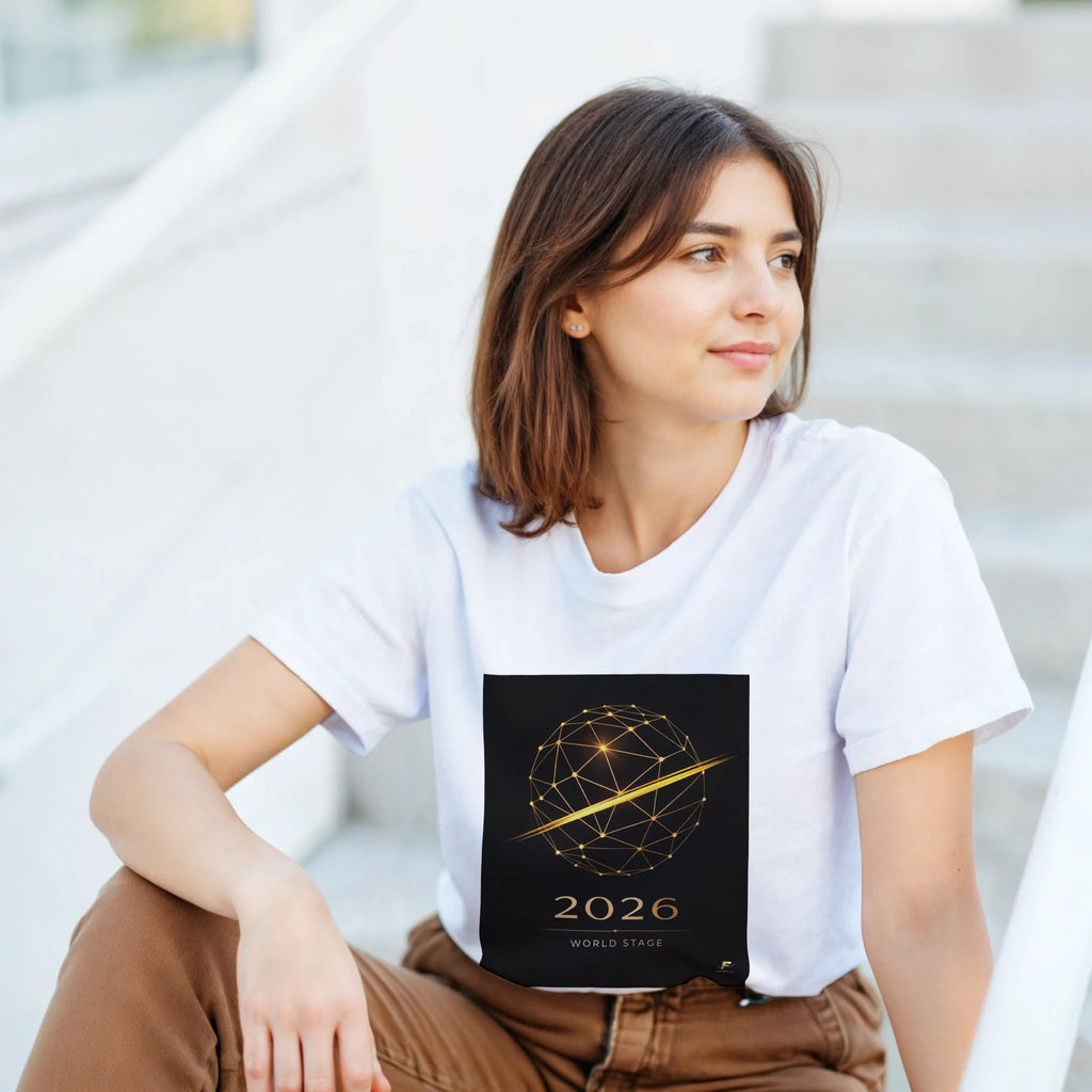White 2026 World Stage t-shirt with gold geometric football design