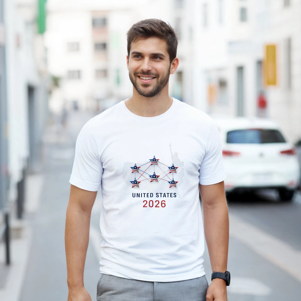 White United States 2026 football t-shirt with network map design
