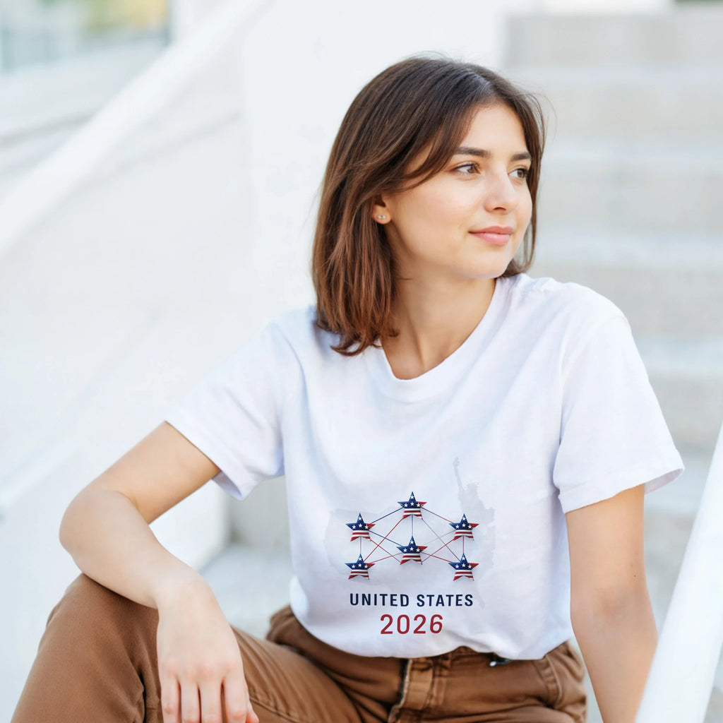 White United States 2026 football t-shirt with network map design