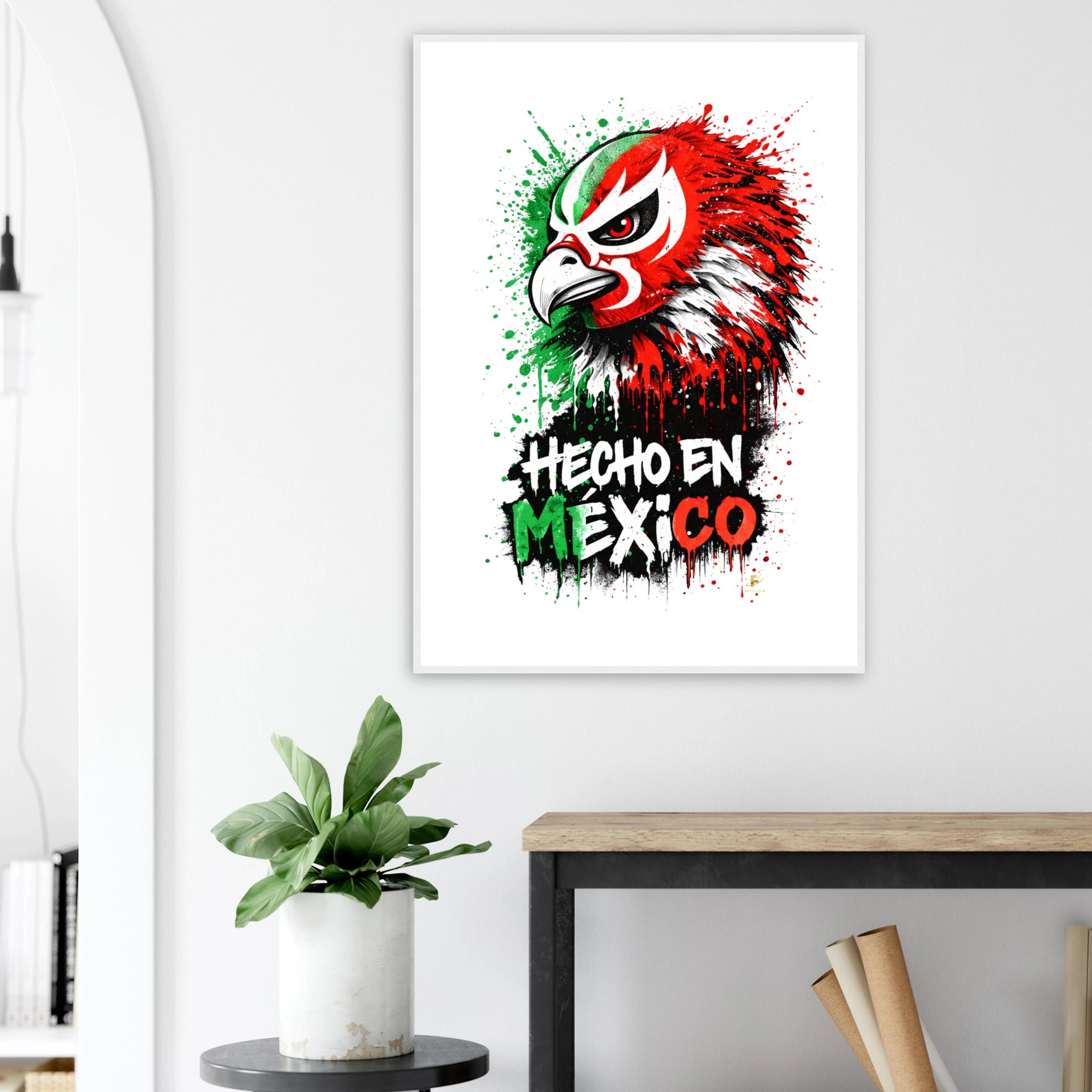 Framed Hecho en México eagle poster with red and green street-art design