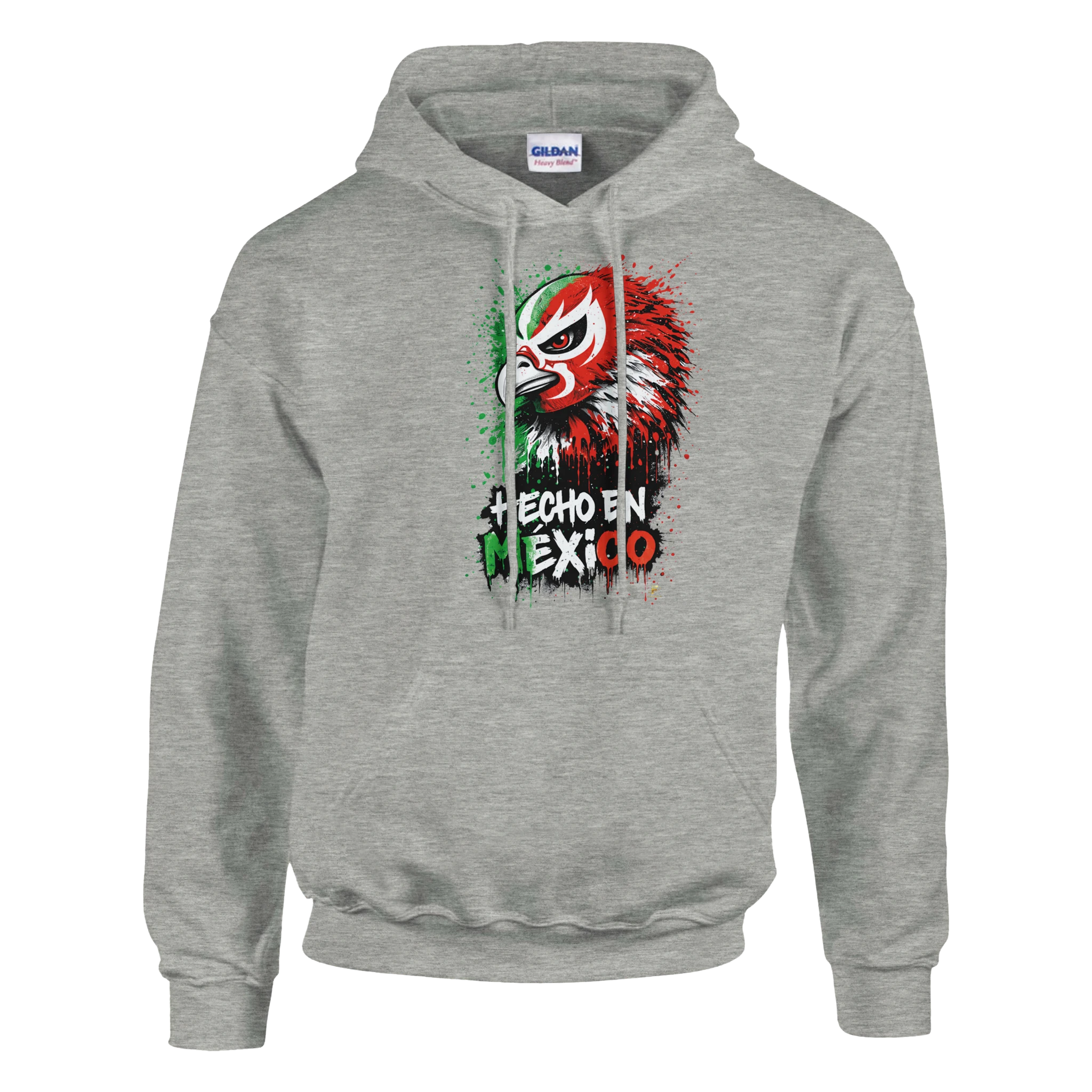 Grey Hecho en México eagle hoodie with red and green streetwear design