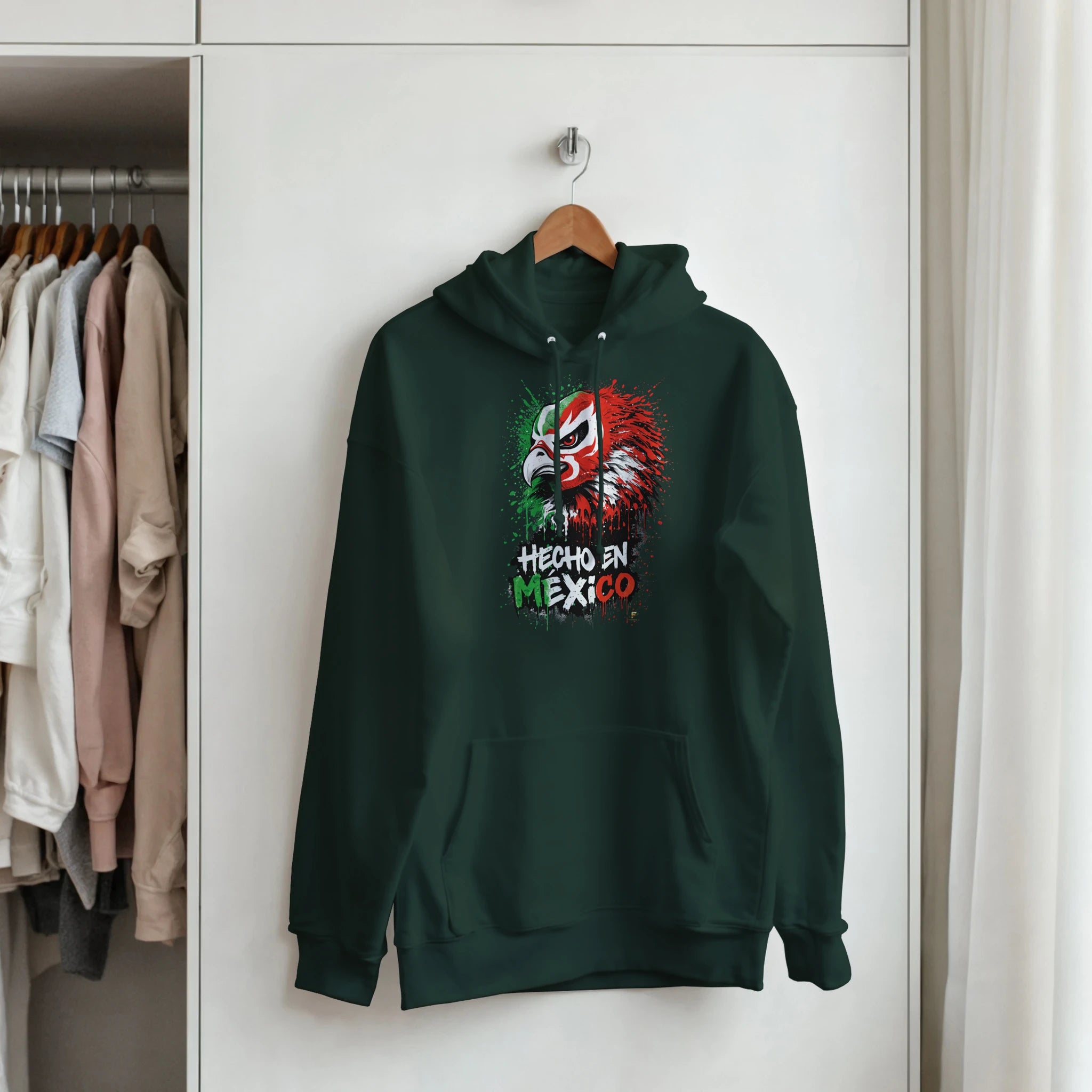 Forest green Hecho en México eagle hoodie with red and green streetwear design
