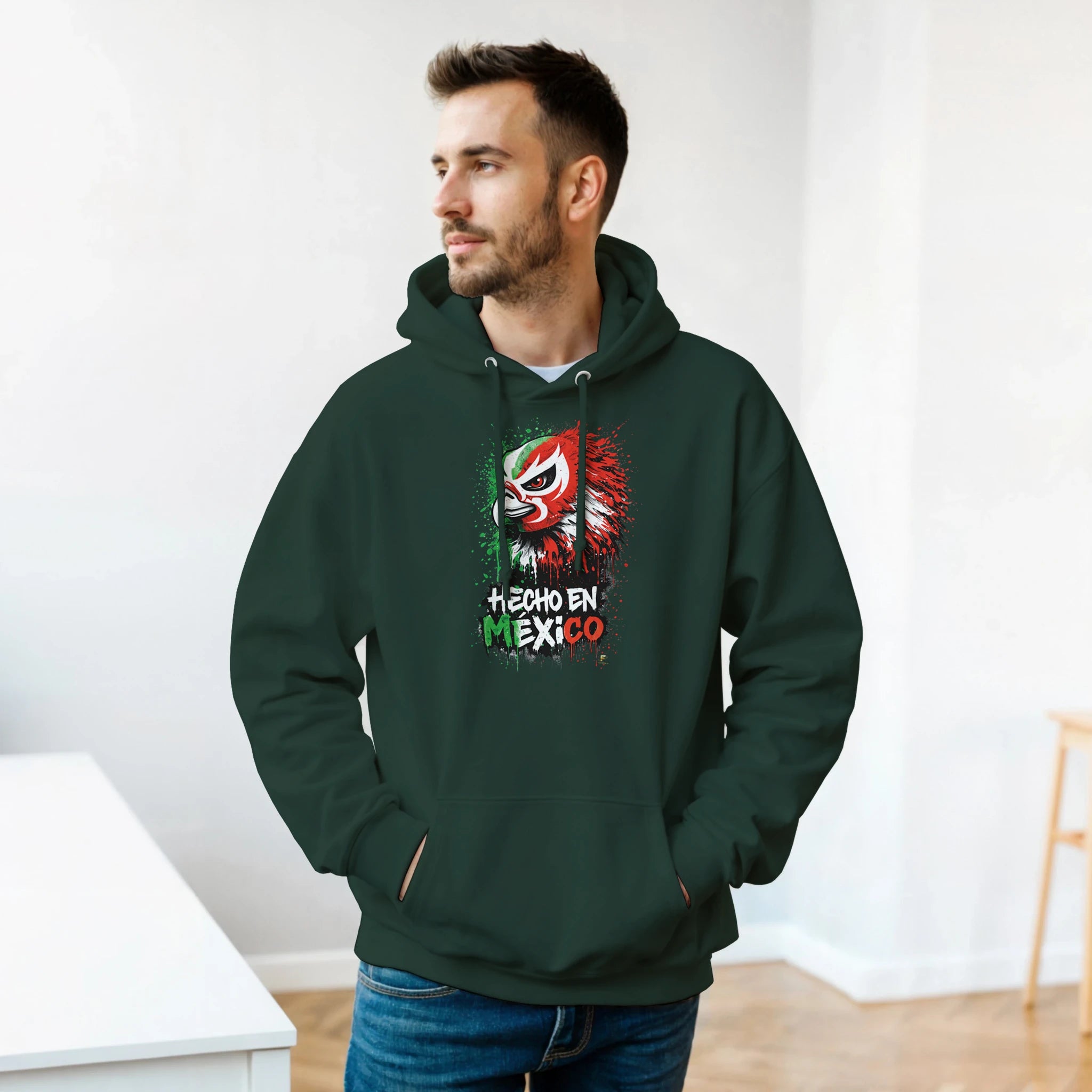 Forest green Hecho en México eagle hoodie with red and green streetwear design