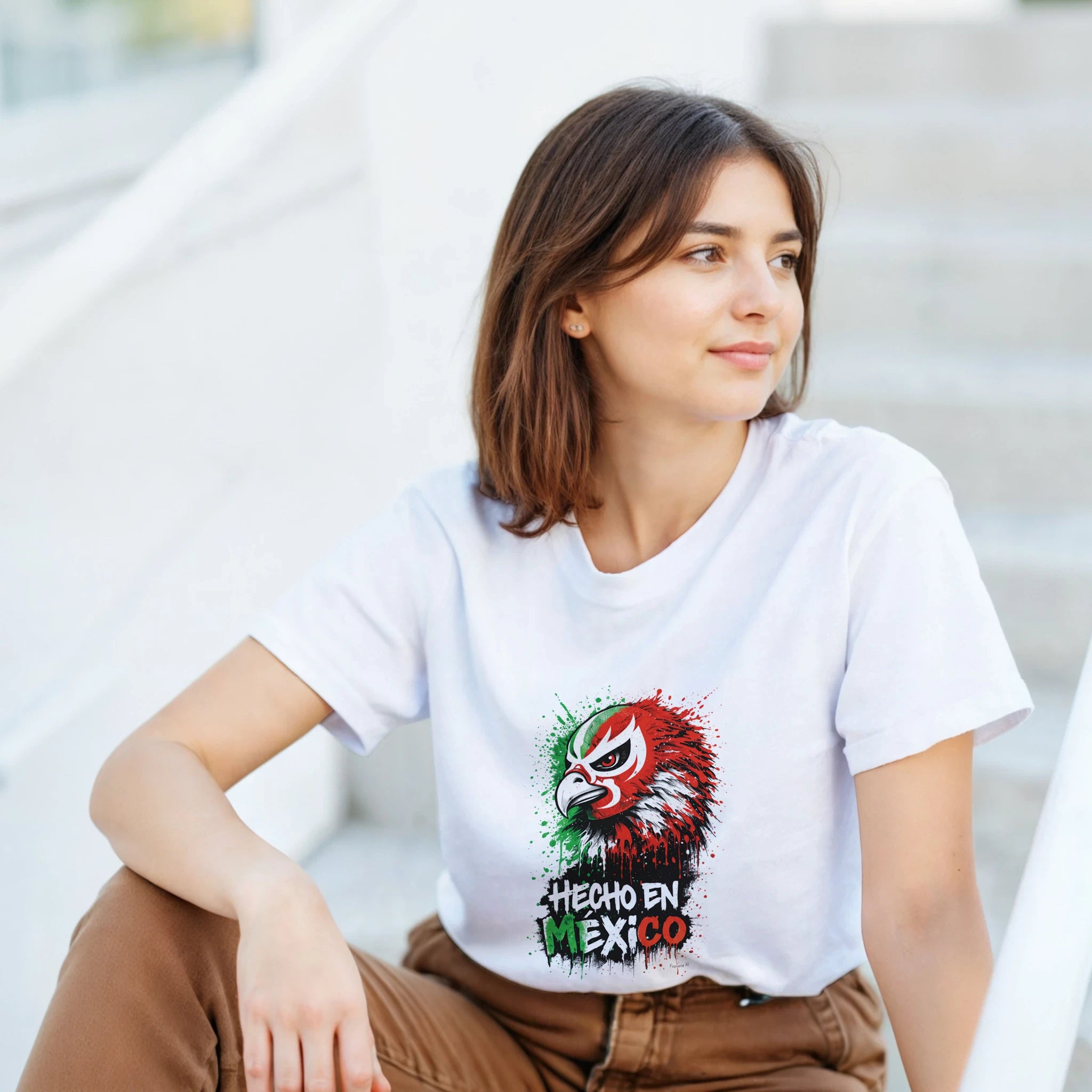 White Hecho en México eagle graphic t-shirt with red and green streetwear design