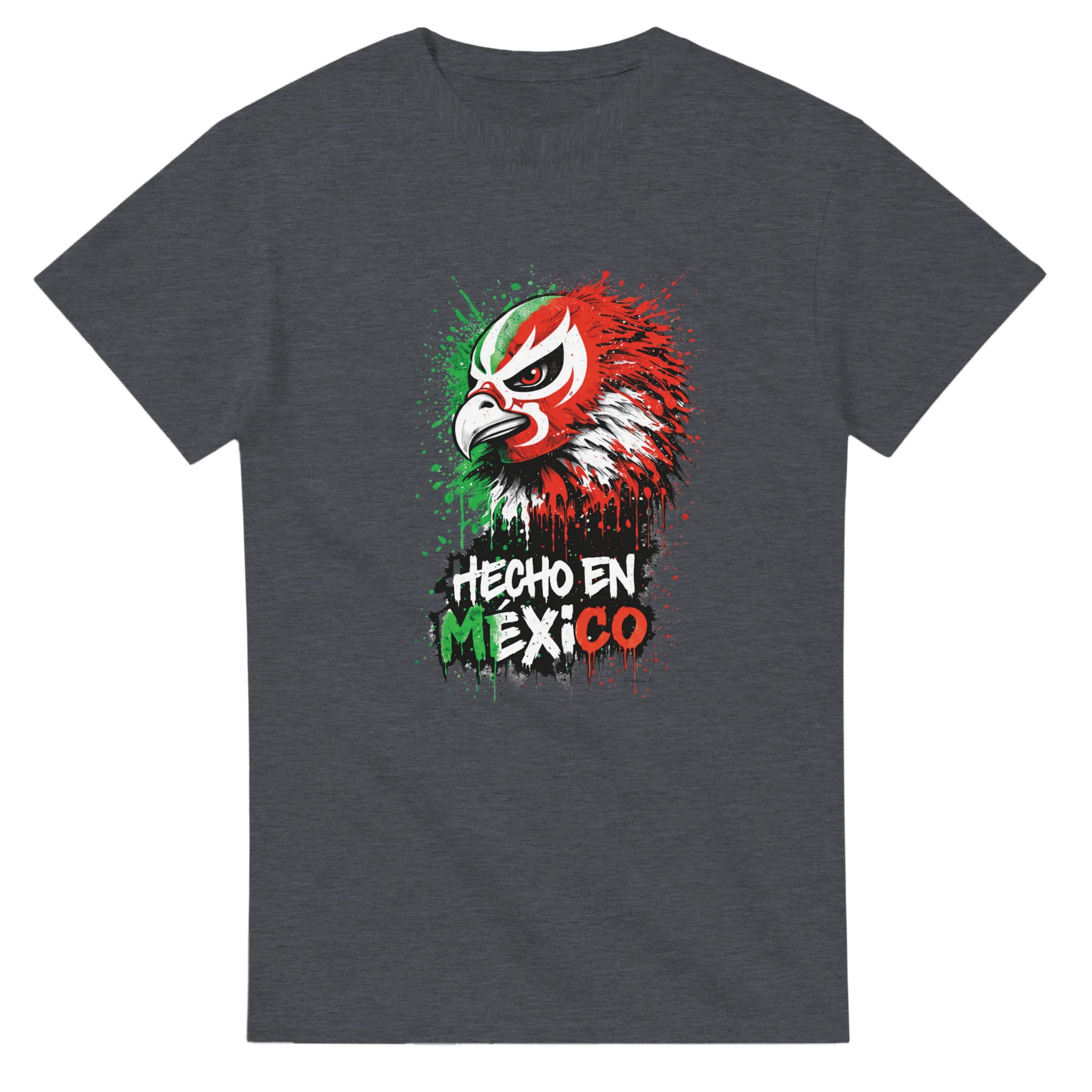 White Hecho en México eagle graphic t-shirt with red and green streetwear design

