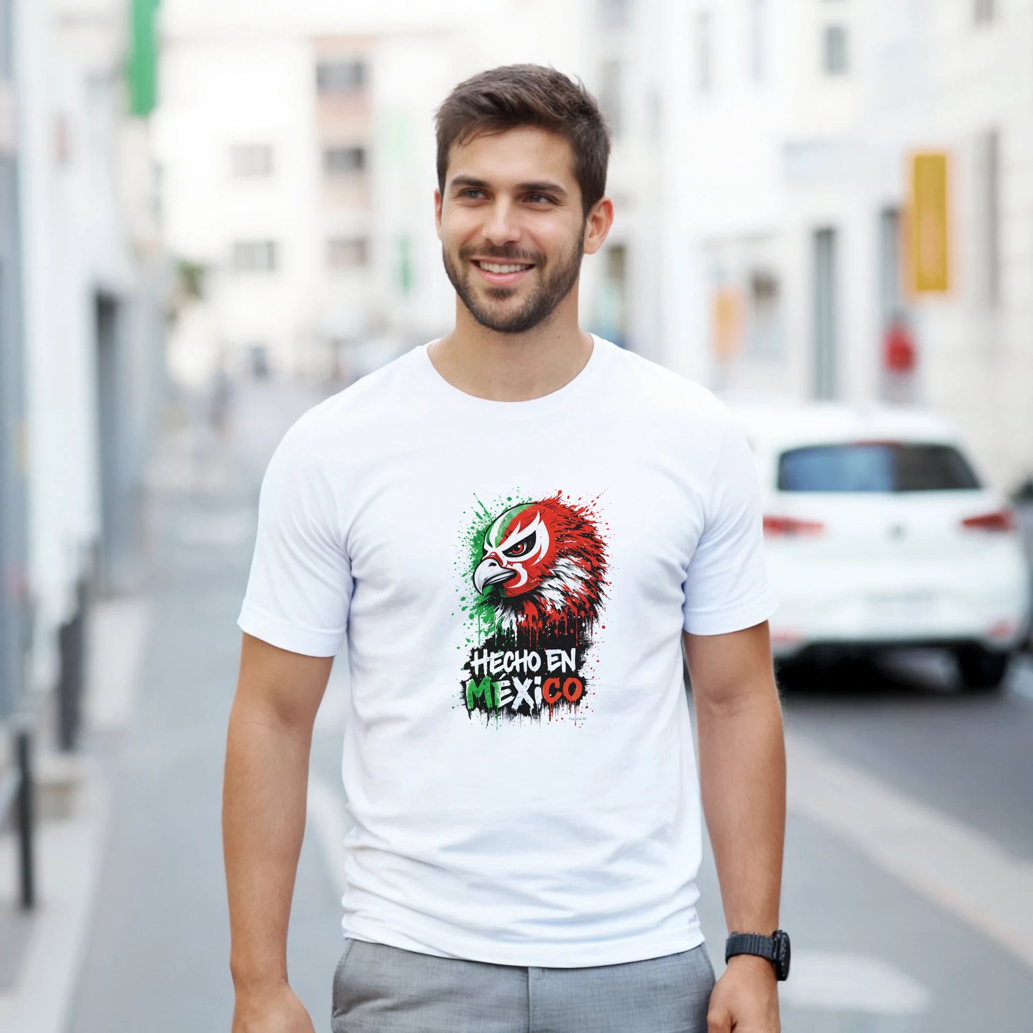 White Hecho en México eagle graphic t-shirt with red and green streetwear design