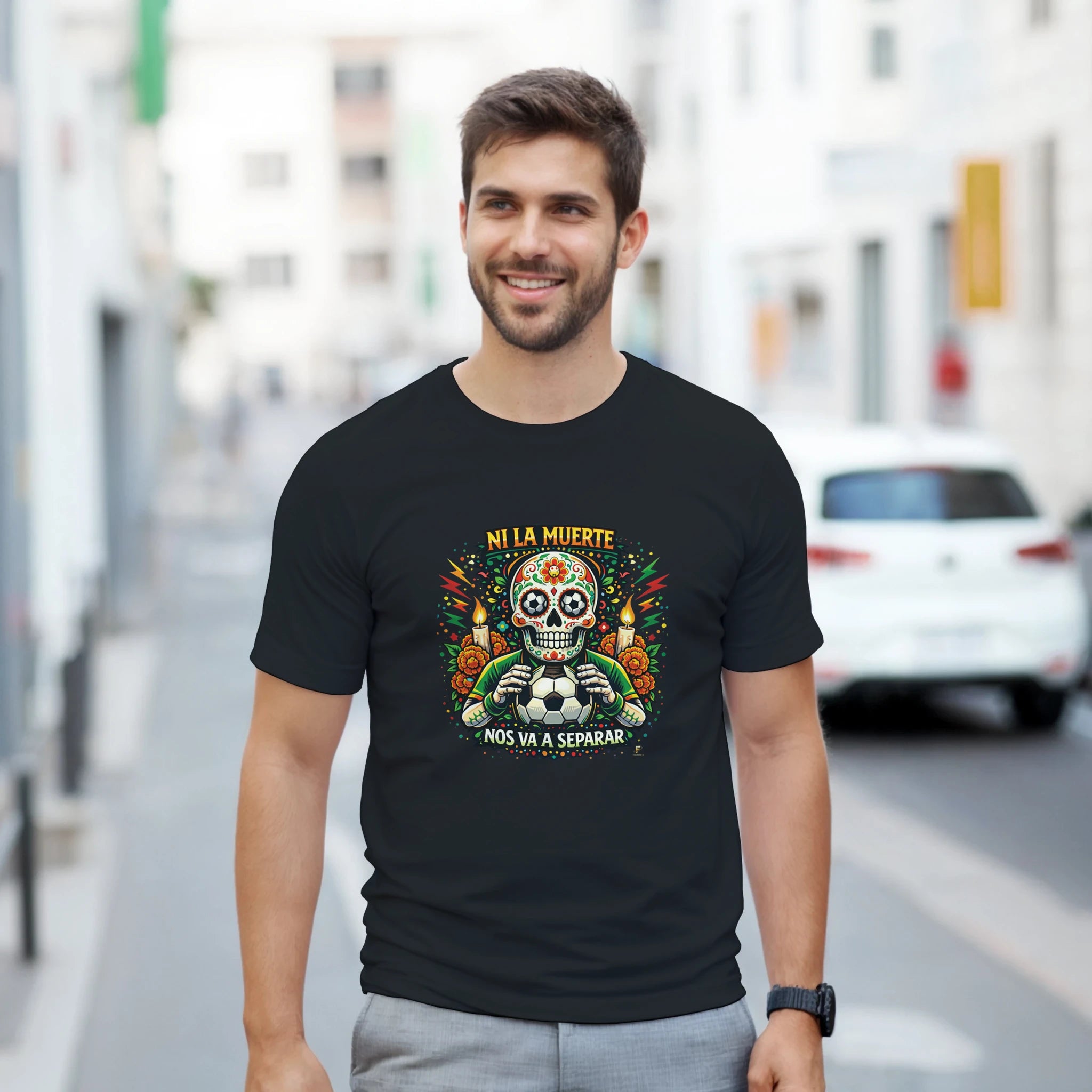 Black Mexico skull football t-shirt inspired by Día de los Muertos