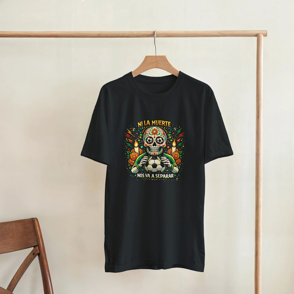 Black Mexico skull football t-shirt inspired by Día de los Muertos
