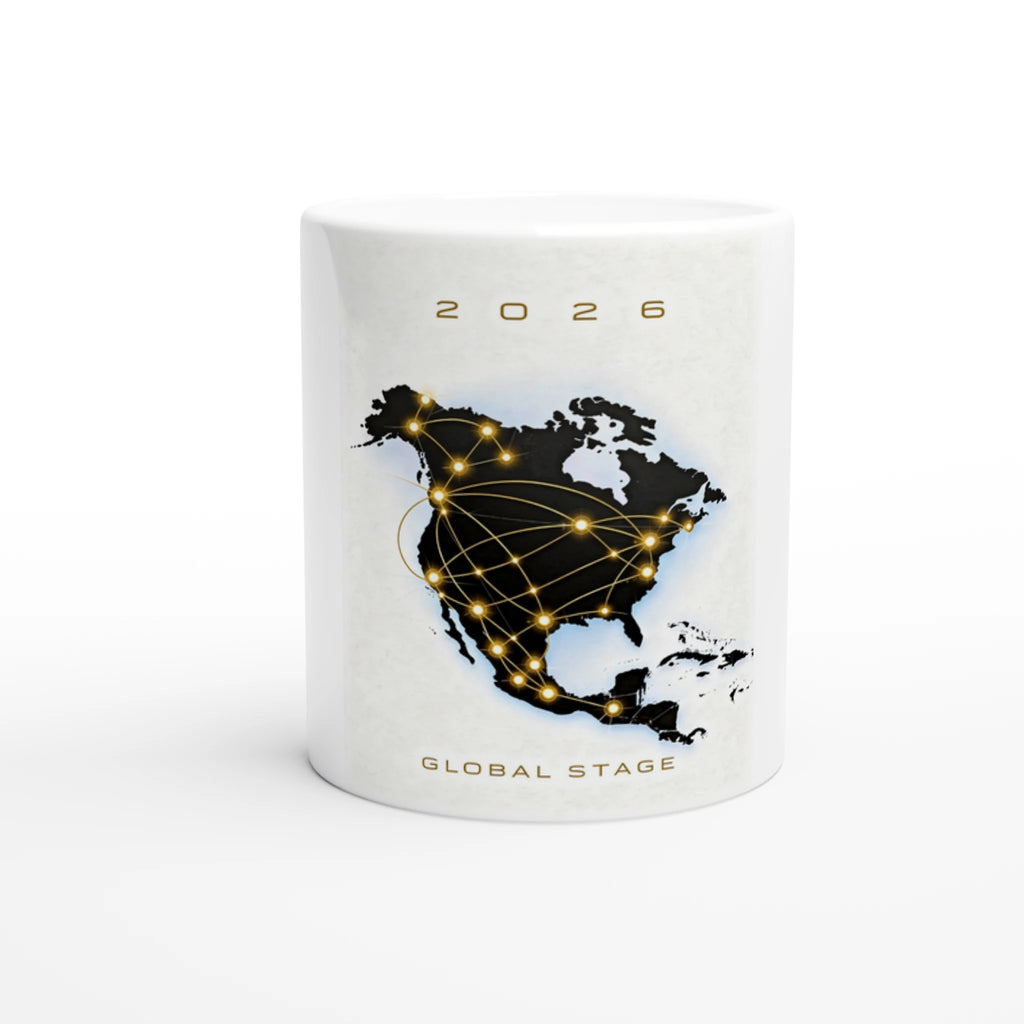 White North America 2026 football mug featuring gold network map design