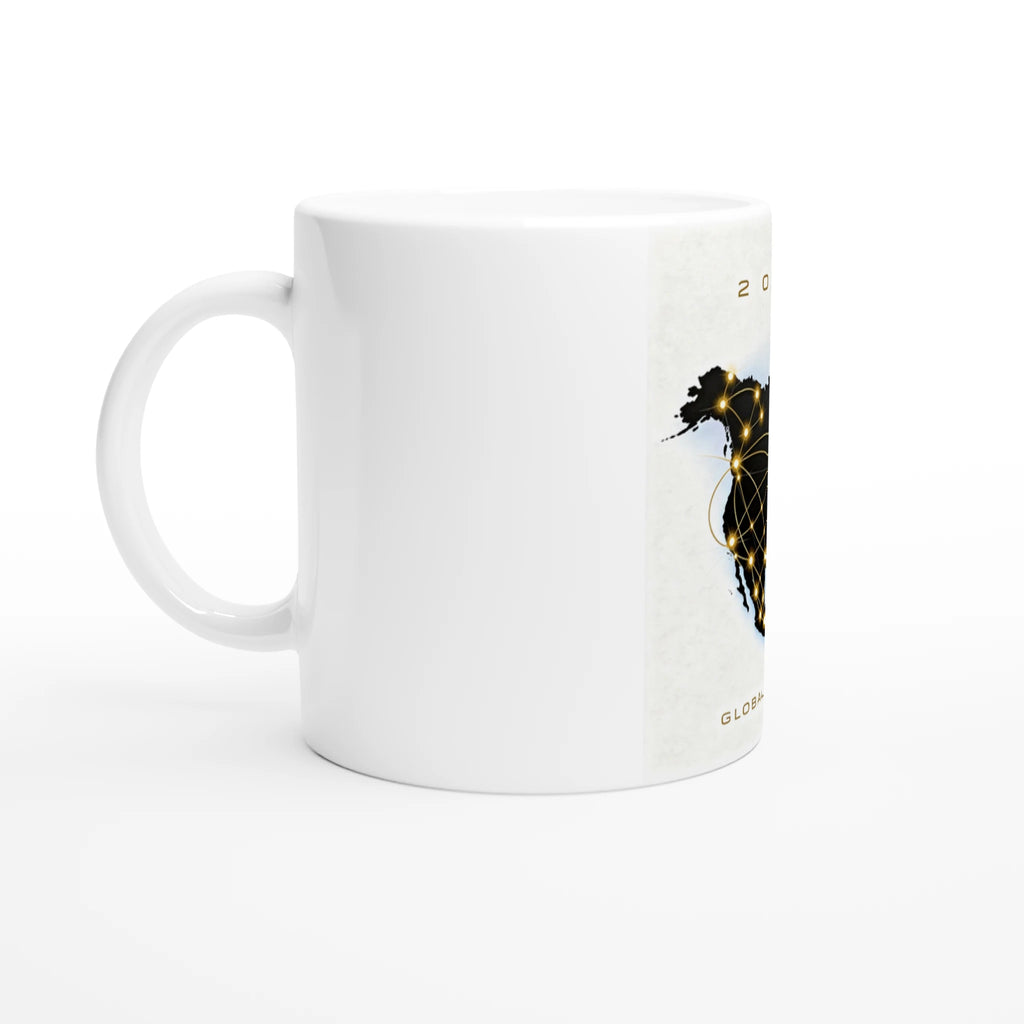 White North America 2026 football mug featuring gold network map design