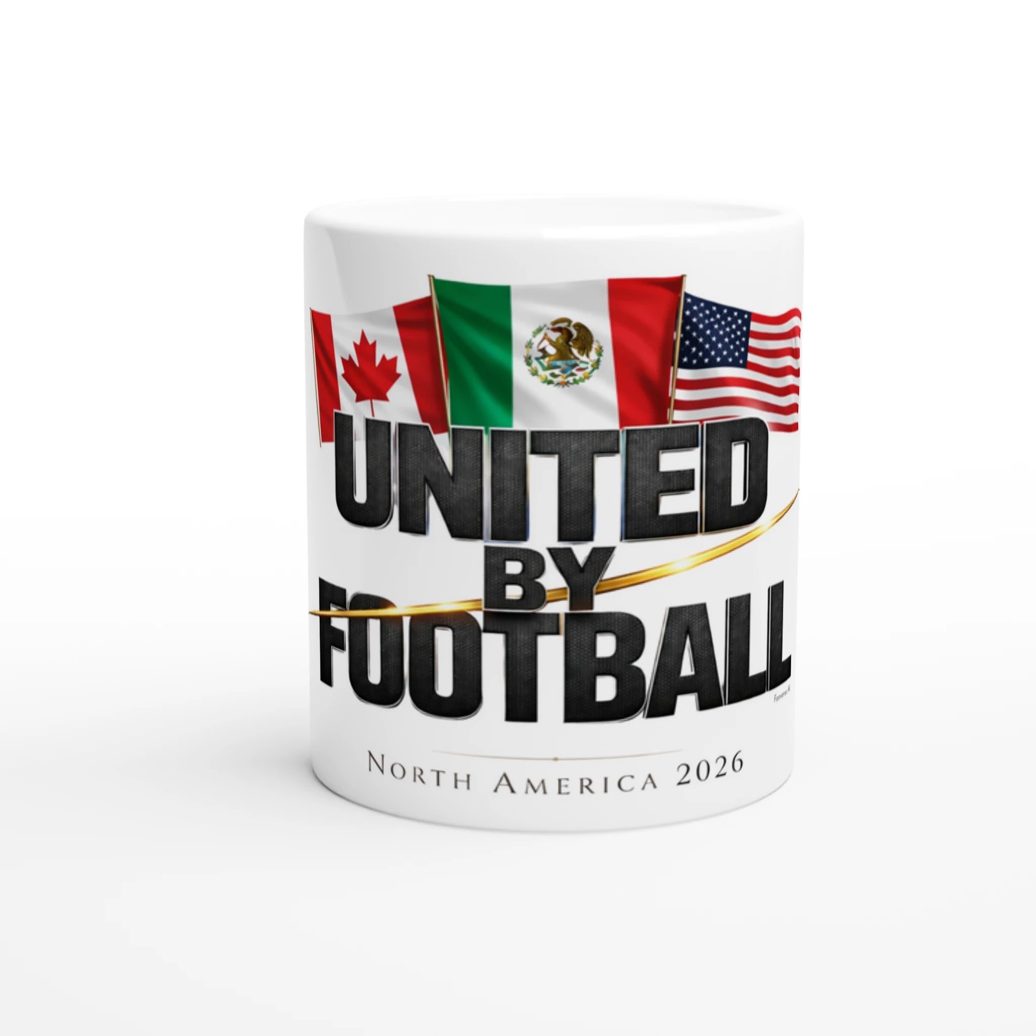 White United by Football 2026 ceramic mug with Canada, Mexico and USA flags