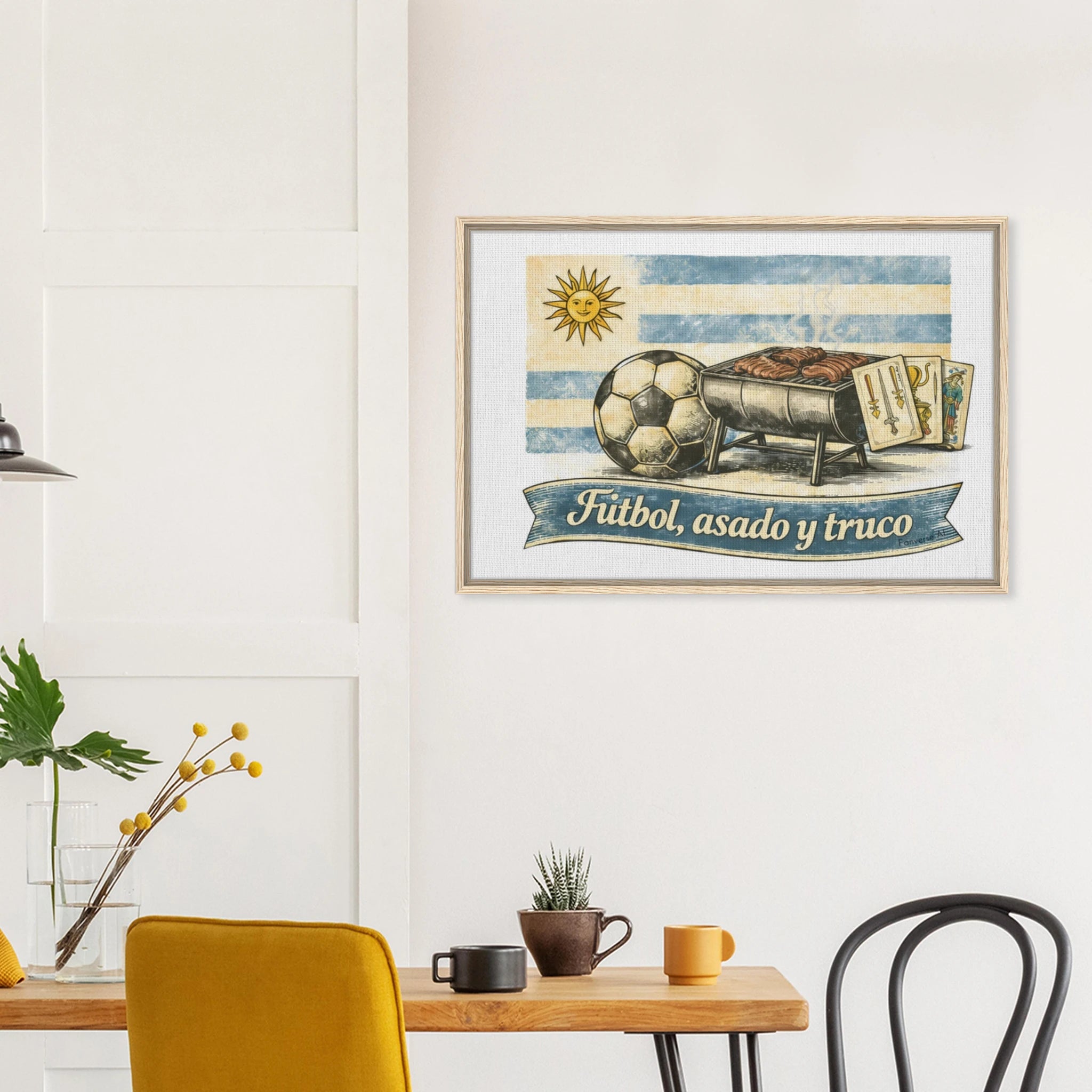 Natural wood framed Uruguay football wall art “Fútbol, Asado & Truco” heritage canvas