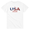 White USA 2026 patriotic t-shirt with American flag design