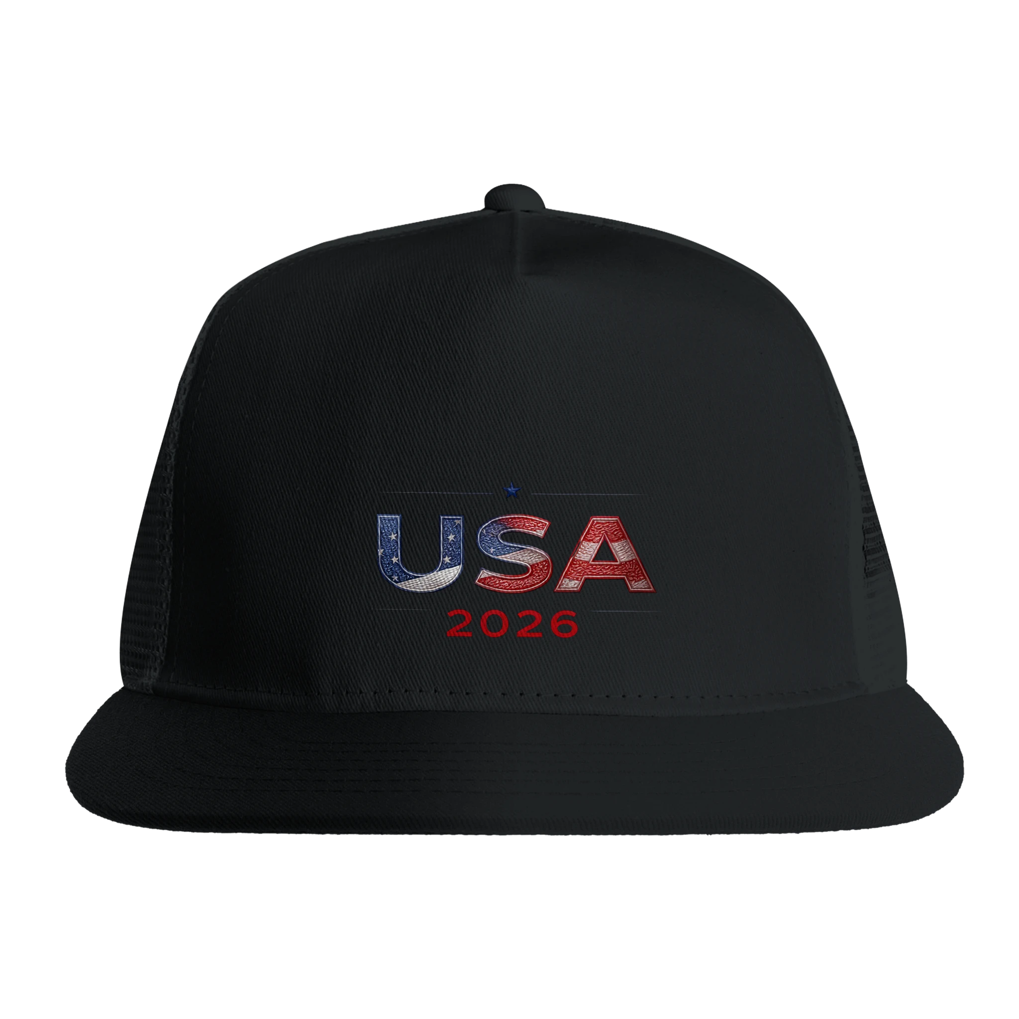 Black USA 2026 trucker cap with American flag design