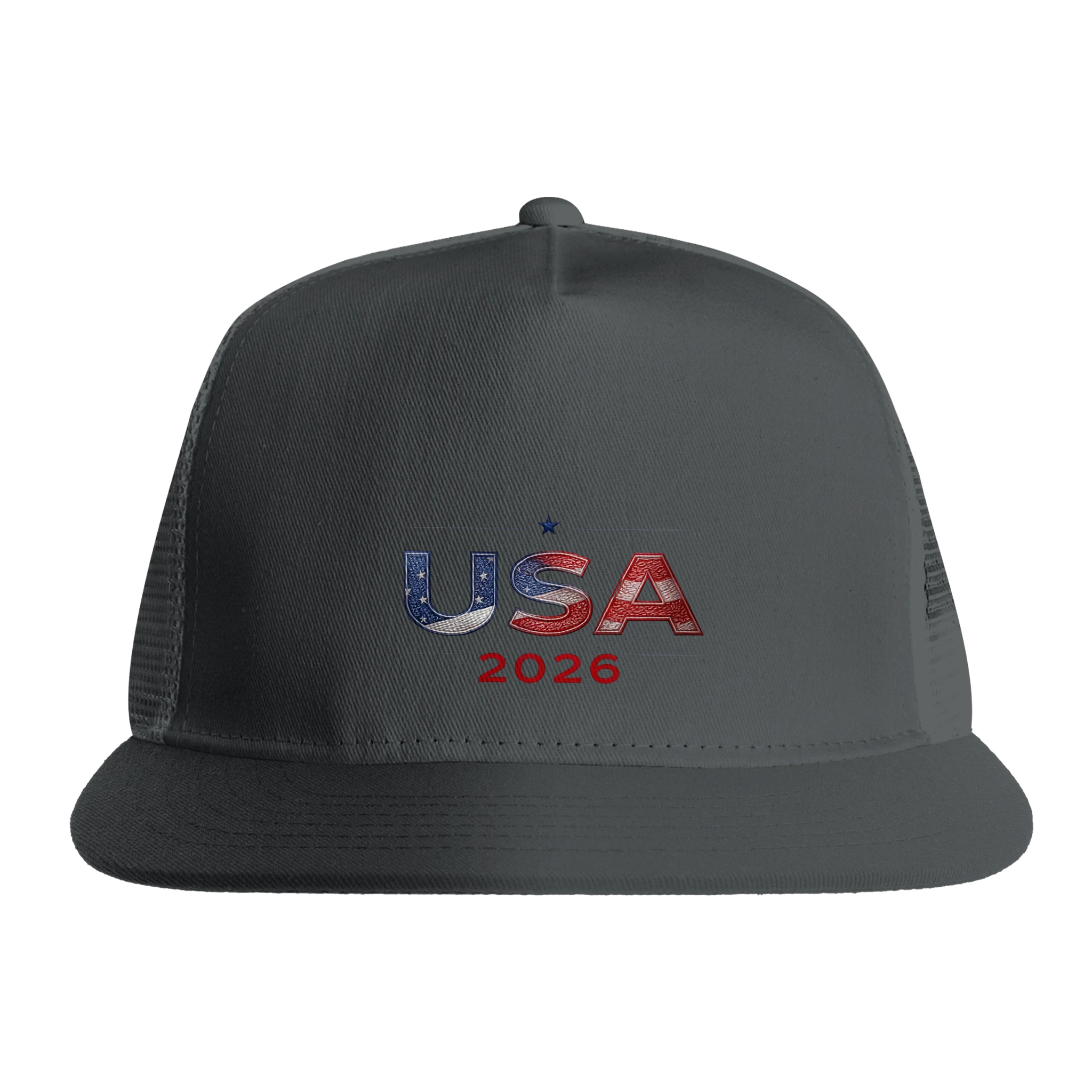Gray USA 2026 trucker cap with American flag design