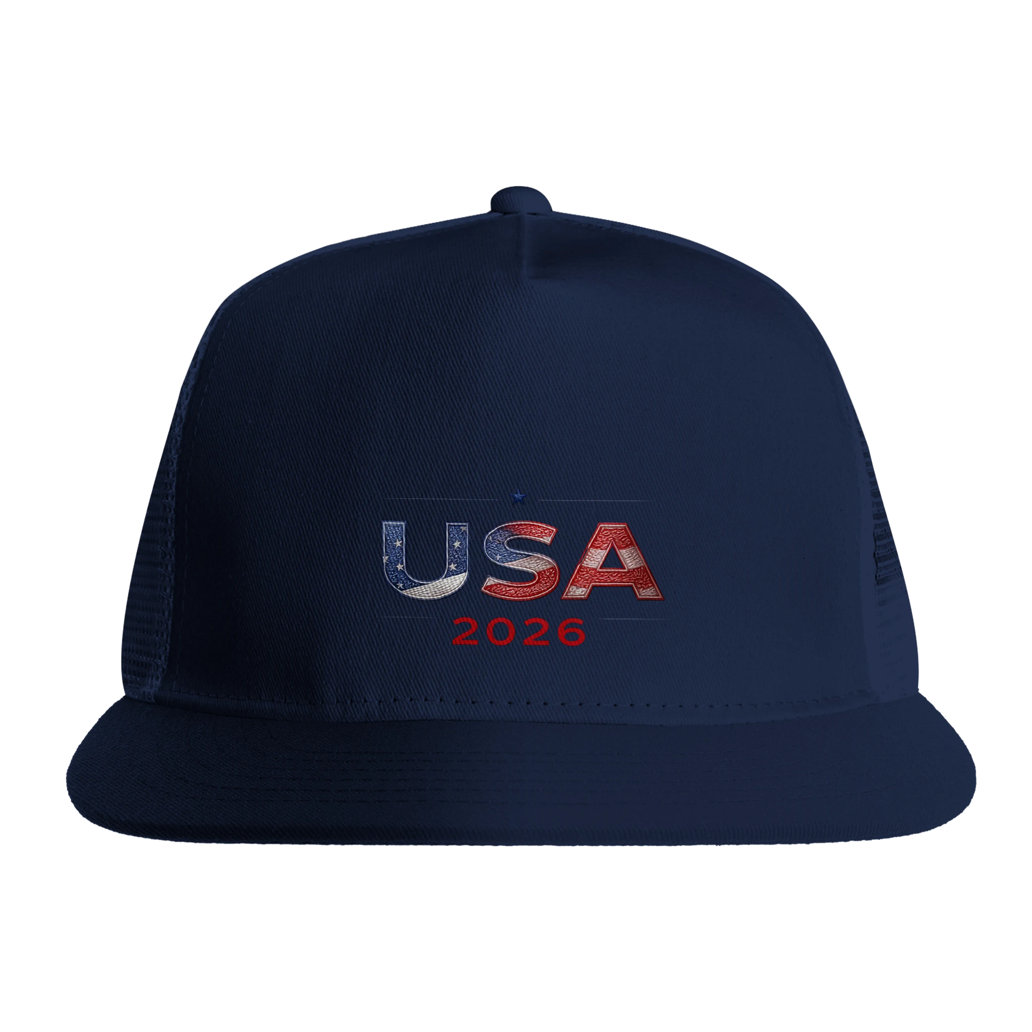 Blue USA 2026 trucker cap with American flag design