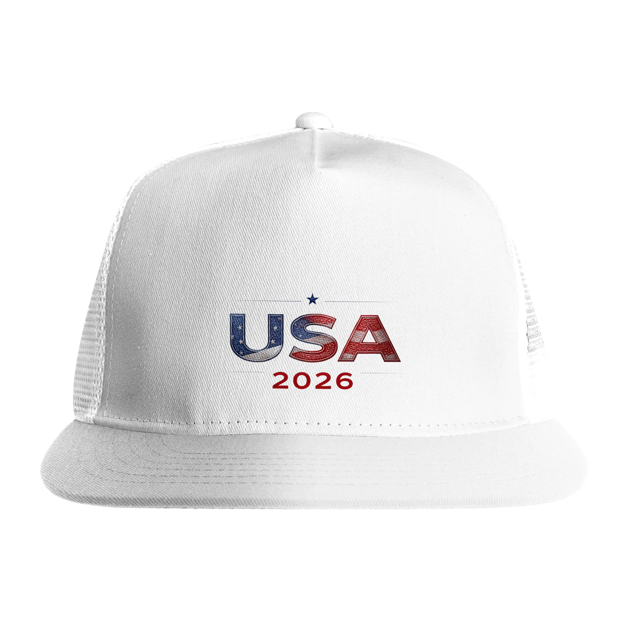 White USA 2026 trucker cap with American flag design